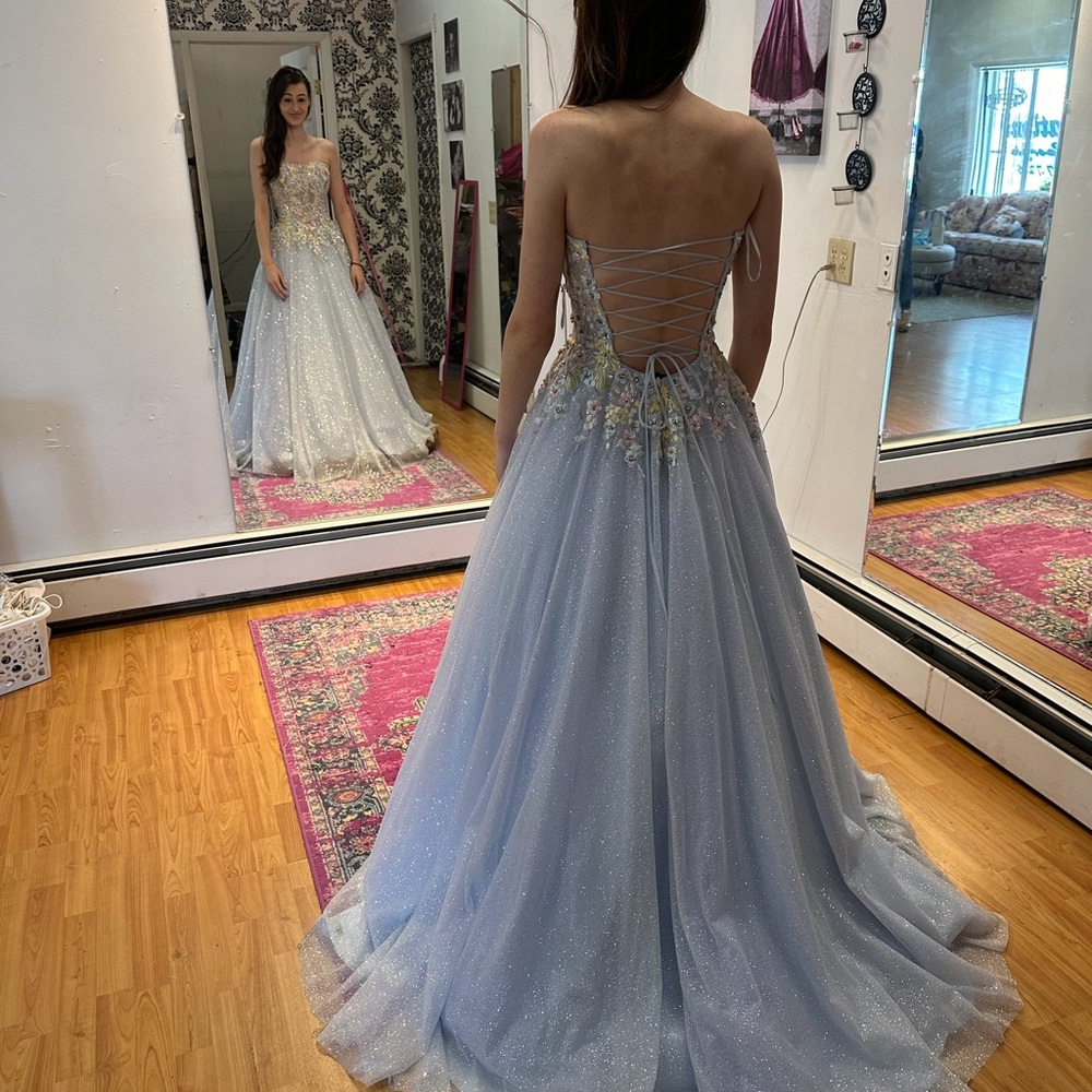 Jovani Light Blue Sparkle Ball Gown with Floral Appliqué